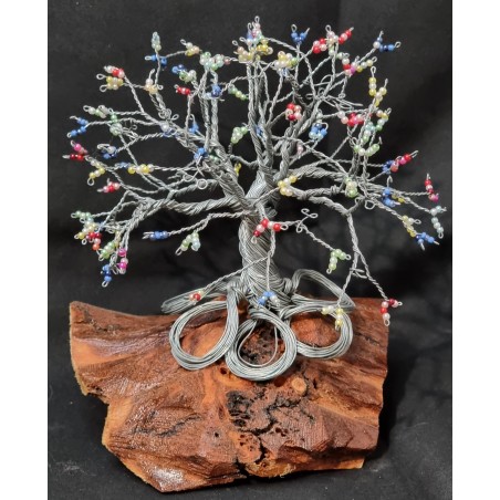 Arbre déco en métal avec perles colorées  style bonsaï sur écorce de bois bombée vernis fait main en France