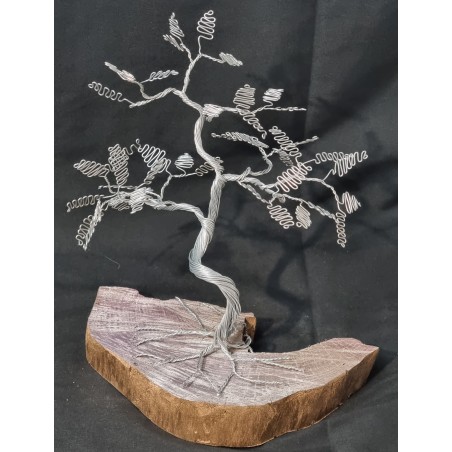 Arbre bonsaï à feuille zigzag déco en métal avec socle  en bois rosé demi lune fait main en France
