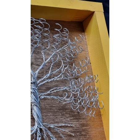 TABLEAU arbre en fer tourbillon DÉCORATION  EFFET 3D SUR FOND doré ET CADRE Jaune FAIT MAIN