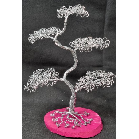 Arbre bonsaï en fer symétrique frisé déco socle en bois rose fushia unique fait main en France