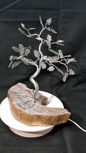 Arbre bonsaï à feuille zigzag déco en métal avec socle  en bois rosé demi lune fait main en France