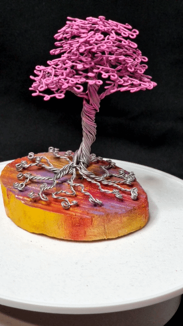 Mini Arbre bonsaï girly pink en fer déco cadeau socle en bois coloré unique fait main en France