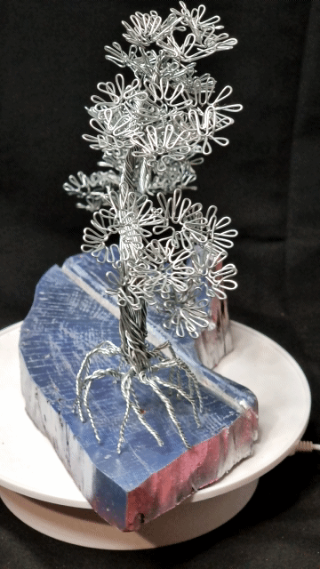 Arbre bonsaï branches tombantes en fer déco cadeau socle en bois travaillé bleuté argenté unique fait main en France